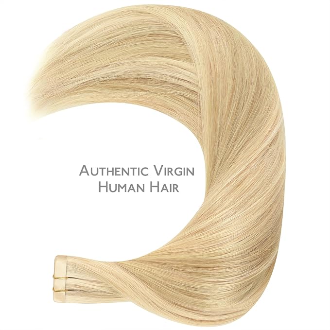 WENNALIFE Tape in Hair Extensions Human Hair Light Blonde Highlighted Golden Blonde Tape in Extensions, 10pcs 25g 14 inch Remy Invisible Tape Ins Straight Soft Real Human Hair Tape in Extensions