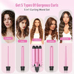 Waver Curling Iron Wand - BESTOPE PRO 5 in 1 Curling Wand Set with 3 Barrel Hair Crimper for Women, Fast Heating Crimper Wand Curler in All Hair Type, Women Gifts - Pink
