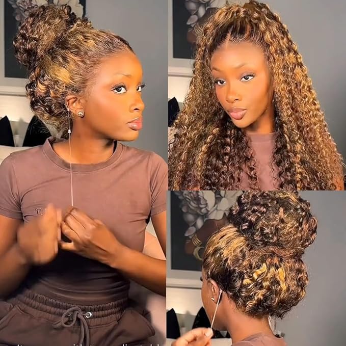 Hidden Strap 360 Deep Wave Lace Front Wigs Human Hair 220% Density Honey Blonde Deep Curly Human Hair wig Ombre Deep Wave 4/27 Highlight Lace Front Wigs Wet And Wavy Water Wave Wig for Women 22 Inch