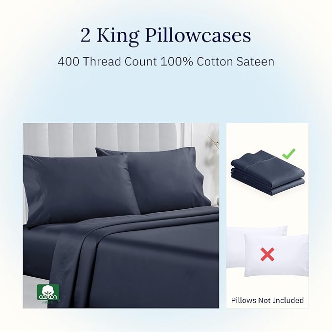 California Design Den King Size Pillowcase Set - 400 Thread Count, 100% Cotton Sateen, Set of 2 Pillow Covers, Soft and Breathable - Indigo Dusty Blue