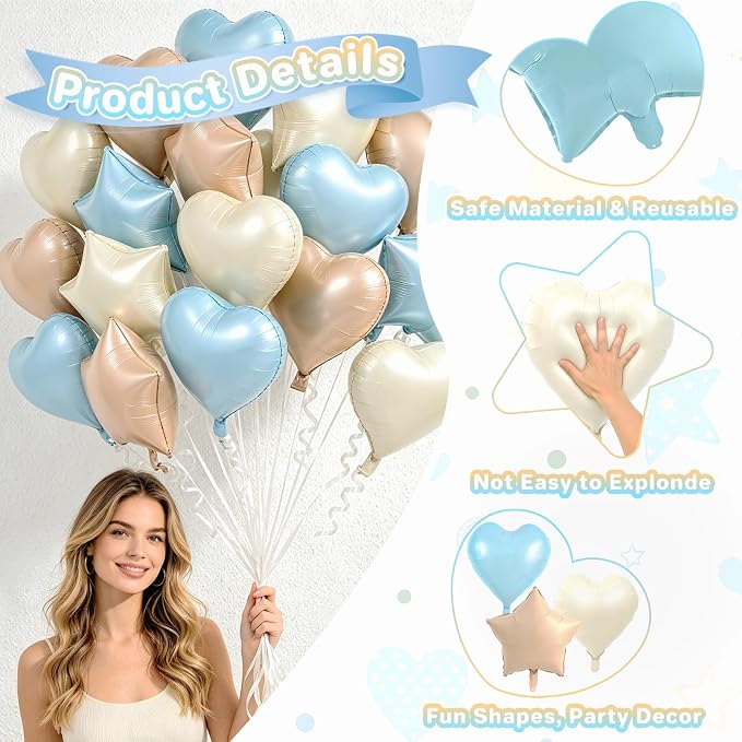 TONIFUL 18 Inch Cream Blue Star and Heart Foil Balloons - Image 4