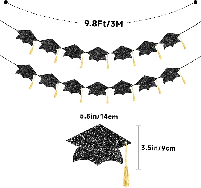 jijAcraft Black Graduation Cap Banner, Double-Sided Glitter Grad Garland - Image 2
