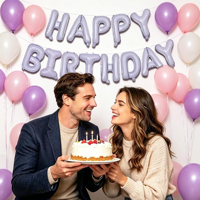 TONIFUL 16 Inch Light Purple Happy Birthday Foil Balloons | Pastel Lavender - Image 6