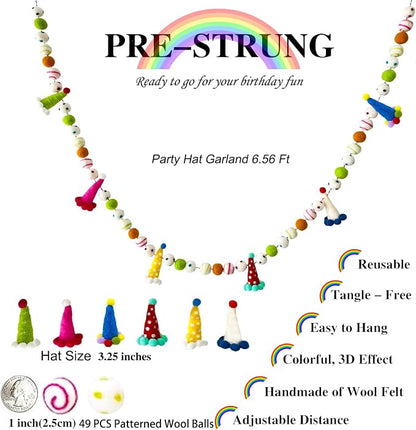 Pre-Strung Birthday Banner Handmade 3D Wool Felt Hats Rainbow Ball Garland | - Image 3