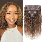 Curly Clip In Hair Extensions Real Human Hair Clip Ins Balayage Chocolate Brown to Caramel Blonde Human Hair Extensions 8Pcs with18clips 120g/Set (18 inch，#4/27/4)