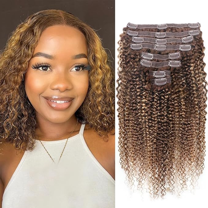 Curly Clip In Hair Extensions Real Human Hair Clip Ins Balayage Chocolate Brown to Caramel Blonde Human Hair Extensions 8Pcs with18clips 120g/Set (18 inch，#4/27/4)