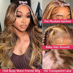 Honey Blonde 4/27 Ombre Lace Front Wig Human Hair 13x6 HD Highlight Body Wave Lace Frontal Wigs Glueless Wigs Pre Plucked with Baby Hair 180 Density 28Inch