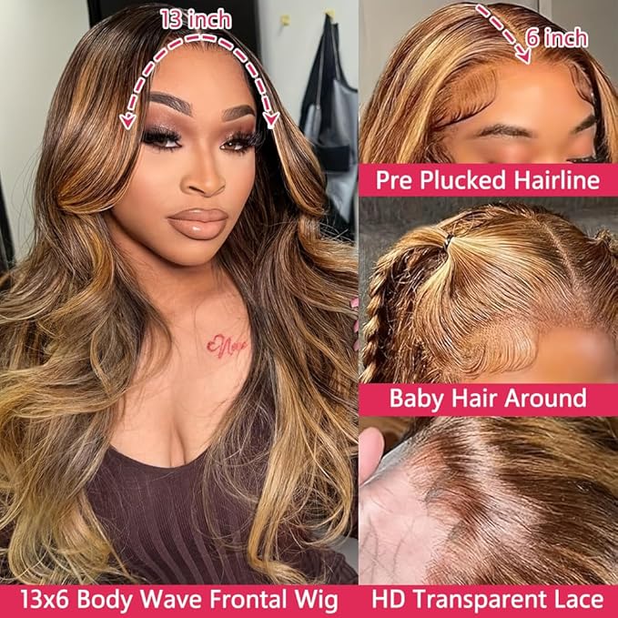 Highlight Ombre 13x6 Lace Front Body Wave Wigs Human Hair Pre Plucked 4/27Honey Blonde HD Transparent 13x6 Body Wave Frontal Wigs With Baby Hair 32Inch
