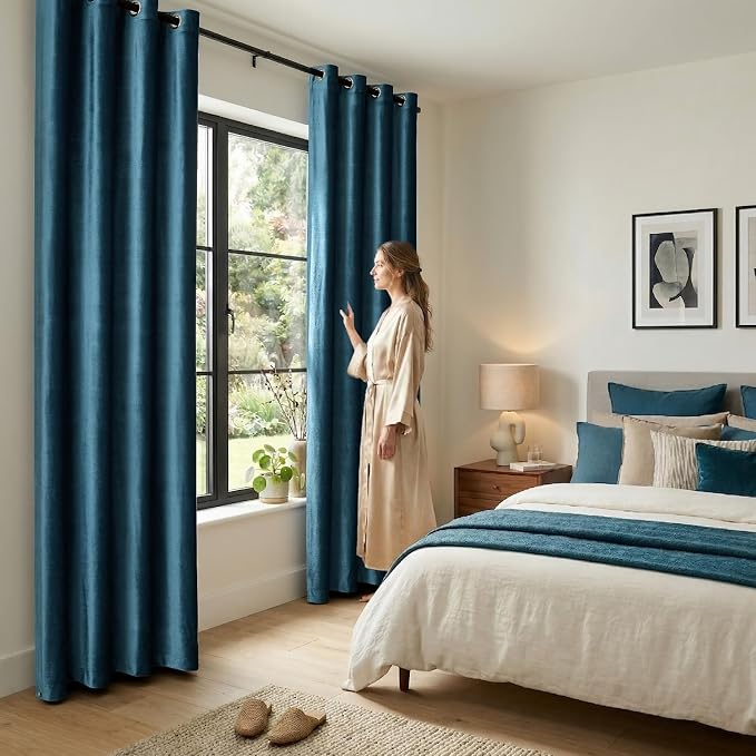 BULBUL Velvet Peacock Blue Blackout Curtains 96 inch Long - Image 3