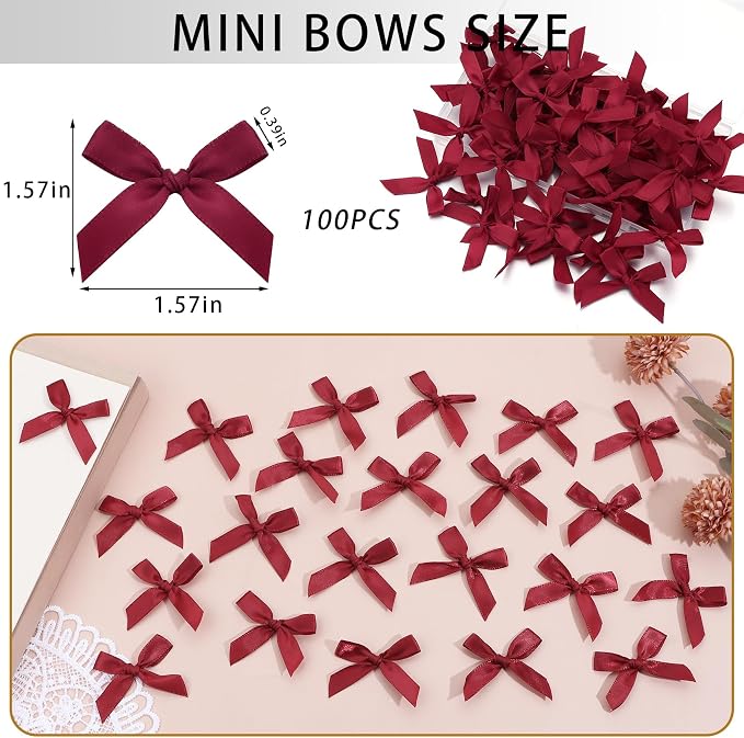 Wine Red Mini Bows 1.57" 100PCS Small Satin Ribbon Bows - Image 2