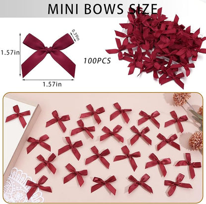 Wine Red Mini Bows 1.57" 100PCS Small Satin Ribbon Bows - Image 2