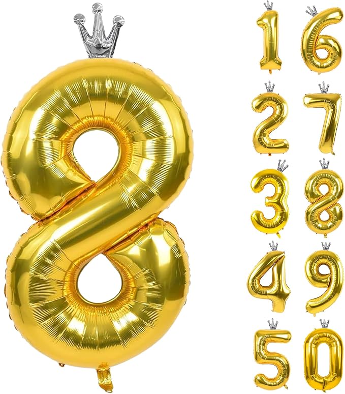 Gold Number 8 Balloon with Crown, 40 inch Gold Number Balloon 8th Birthday by Yeodong