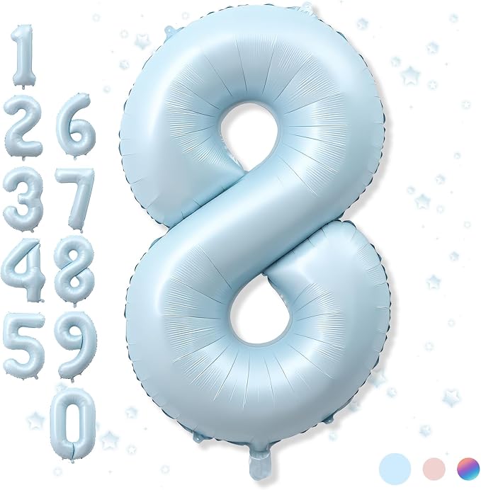 Foil 8 Balloon, Light Matte Blue Big Number 8 Balloons by Froova