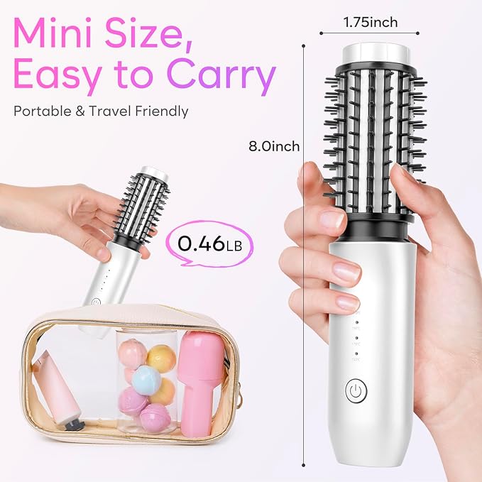 Cordless Curling Iron Brush, 3-in-1 Portable Curling Iron, 2024 New Hair Straightener Comb, 7000Mah USB Rechargeable Travel Hair Curler for Women, White