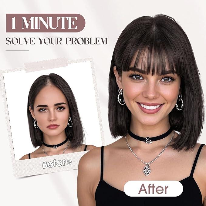 MY-LADY Human Hair Toppers for Women Real Human Hair with Bangs Thin 8.5 * 8.5CM Mono Base Clip in Remy Hairpieces Light Weight 12 Inch Natural Black
