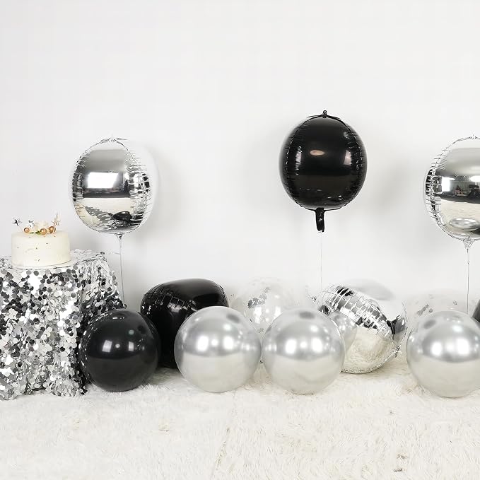 6Pcs Silver Black Round Foil Balloons, Giant 4D Round Ball Balloon, 22 Inch - Image 3