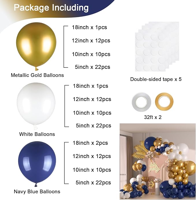 136pcs Navy Blue Gold White Balloons Arch Kit, 18 12 10 5 Inch Balloons | - Image 2