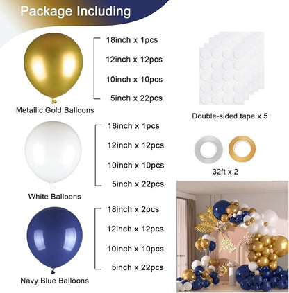 136pcs Navy Blue Gold White Balloons Arch Kit, 18 12 10 5 Inch Balloons | - Image 2