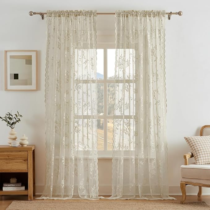 Khaki Lace Curtains 96 Inches Long 2 Panels Vintage Floral Curtains by SEEKRIGHTHomeDecor