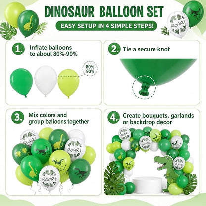 Dinosaur Balloons, 12 Inch Dino Printed Balloons Green White Lime Green Latex - Image 3