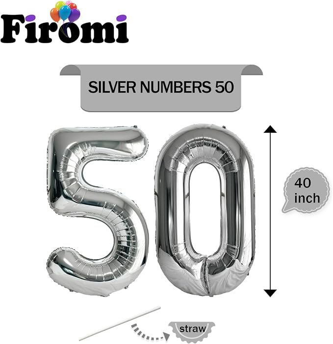 FIROMI 50 Number Balloons Silver Big Foil Mylar 50th Balloon Numbers 40inch | - Image 2