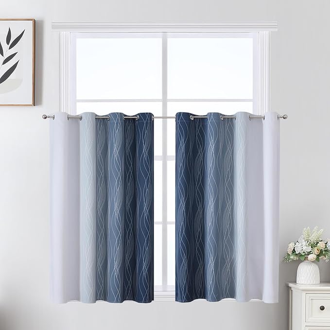 Navy Blue and Greyish White Ombre Short Blackout Cafe Curtains 36 Inch Length - Image 2
