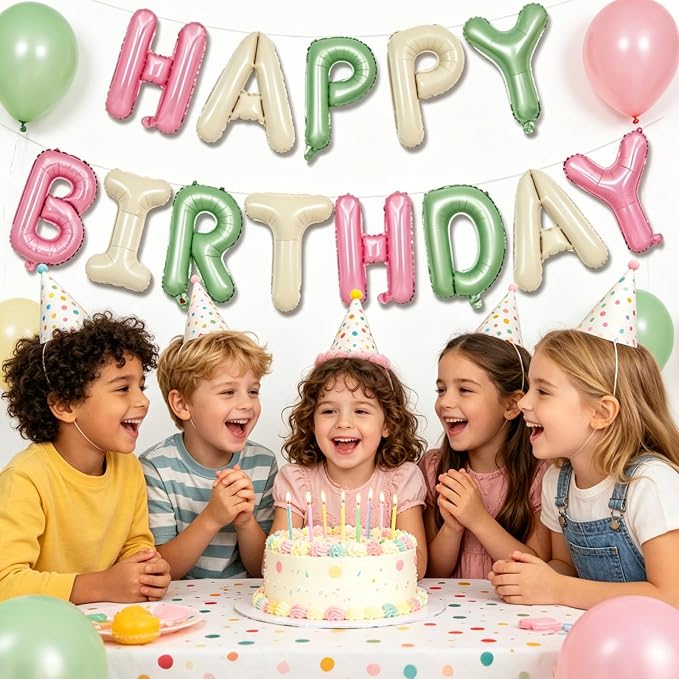TONIFUL 16 Inch Pink Cream Sage Green Happy Birthday Foil Balloons | Neutral - Image 4