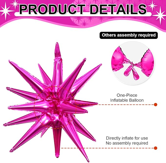 9Pcs Hot Pink Star Balloons, Large Explosion Star Foil Balloons, Metallic Pink - Image 3