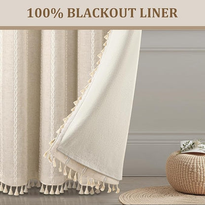 Boho 100% Blackout Curtains 84 Inch 2 Panels Linen Blend Beige | Vintage - Image 4
