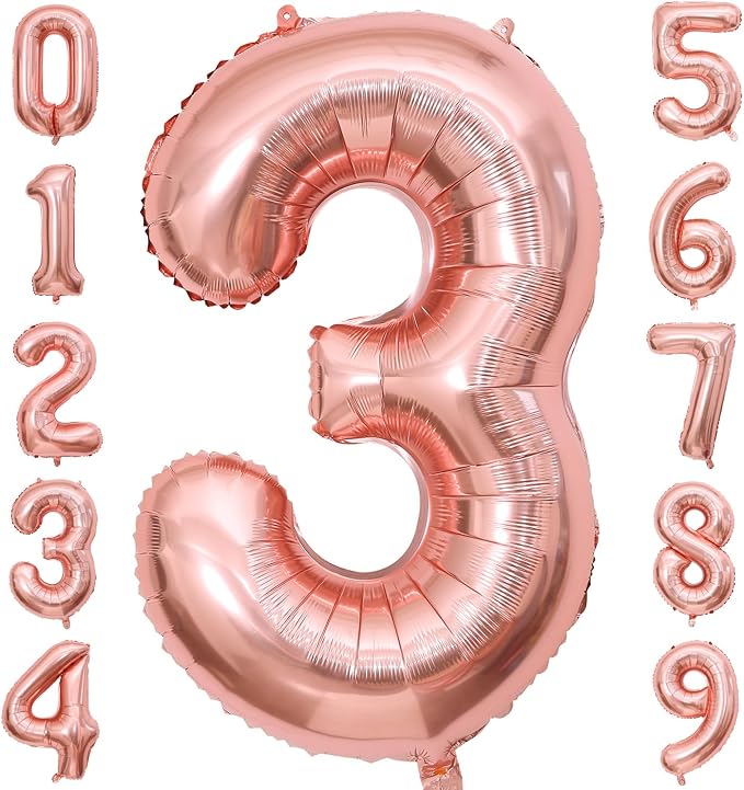 Rose Gold 3 Number Balloons, 40 Inch Big 3 Balloon Numbers Rose Gold 3 Foil by BBPOOL