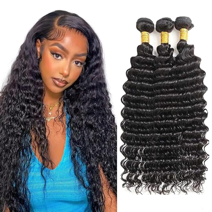Deep Wave Bundles Human Hair Color 1B Bundle Brazilian Virgin Soft and Silky Remy Hair 3 Bundles 16 18 20 Inch Niegmeag Double Weft Natural Black Deep Wave Bundle 300g