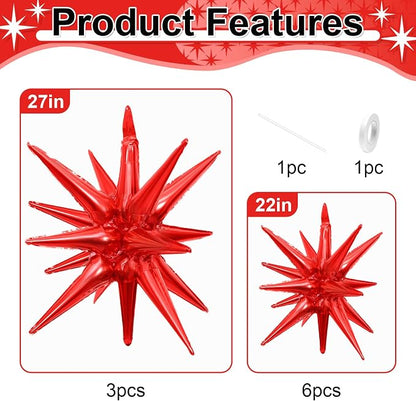 9Pcs Red Star Balloons, Large Explosion Star Foil Balloons, Metallic Red Mylar - Image 2