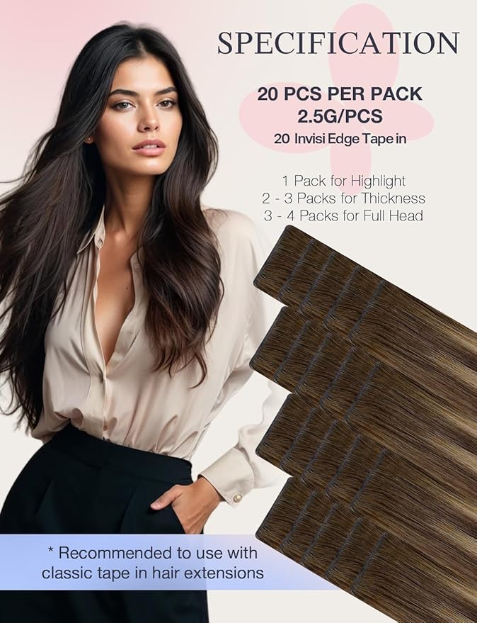 DOORES Invisi Edge Hair Extensions Real Human Hair Tape in, Chocolate Brown to Caramel Blonde 10 Injection Tape-ins with 10 Injection Tape-ins 50g 16 Inch, Injected Tape in