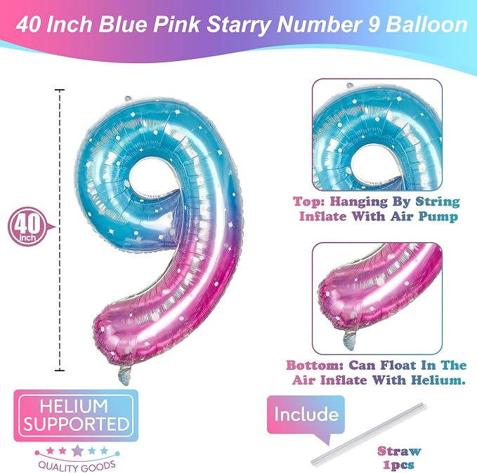 Mermaid Starry Number 9 Balloons, 40 Inch Large Purple Blue Pink Foil Number - Image 2
