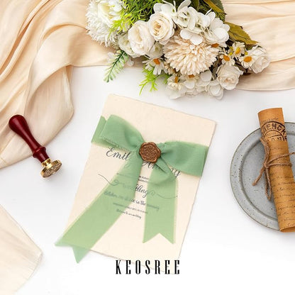 KEOSREE Cream White & Sage Green Chiffon Ribbon, 1.5" x21Yd | Frayed Fringe - Image 5