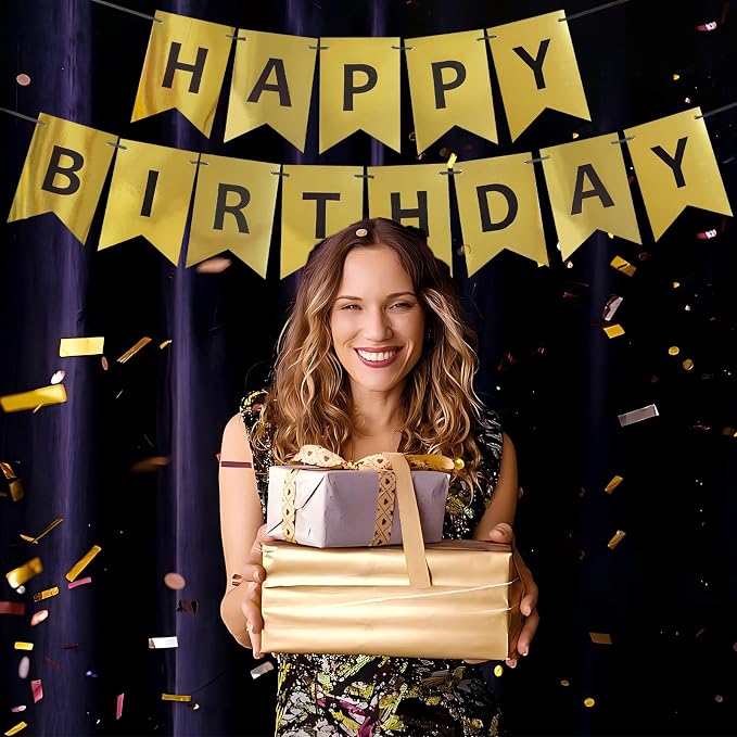 Gold Happy Birthday Banner, Pre-Strung Gold and Black Birthday Party Decorations - Image 6