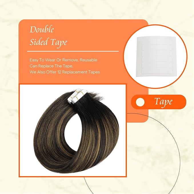 Full Shine Hair Extensions Tape in 12 Inch Color 1B Off Black Ombre 6 Brown Highlight 1B Black Balayage Natural Invisible Double Sided Remy Tape in Extensions Human Hair 30 Grams 20 PCS for Women