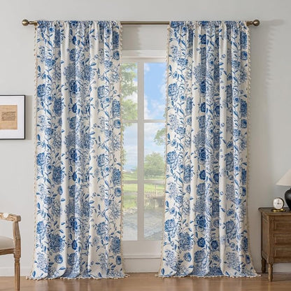F-CHU Blue Curtains for Bohemian 90 Inch Length French Country Floral Drapes - Image 2