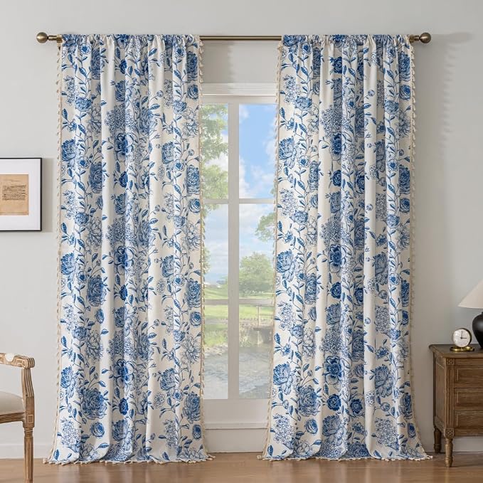 F-CHU Blue Floral Curtains Bohemian Drapes 72 Inch Length Cotton Linen Boho - Image 2