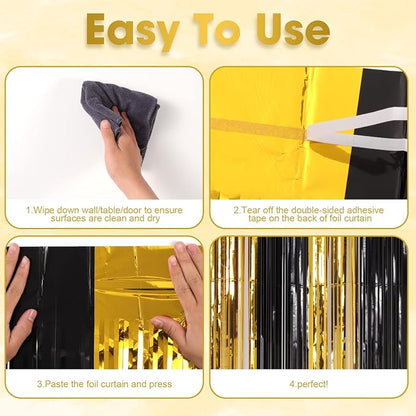 Voircoloria Black Gold Foil Fringe Backdrop Curtains, 3 Pack | Tinsel Streamers - Image 4