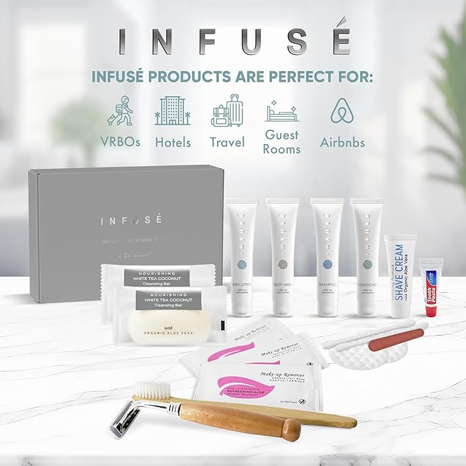 Infuse Amenity & Accessory Kit | 1 oz Travel Size Shampoo, Conditioner, Lotion, Body Wash, 2 Cleansing Bars, Shave & Dental Sets, Make-Up Remover Wipes, & Vanity Kit | 60 sets per case