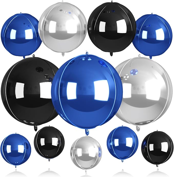 Blue Silver Black Round Balloons Foil, Metallic Blue Silver Balloons by BIAPIAN