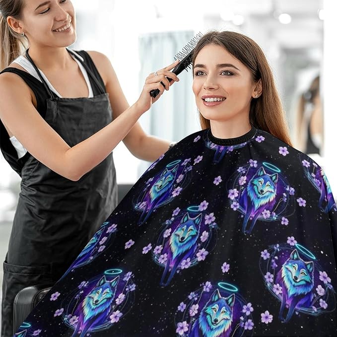 Salon Cape Trippy Magic Wolf Flowers Floral Hair Cutting Cloak, Extra Long Professional Hair Cutting Apron for Hair Cutting, Haircut Tools