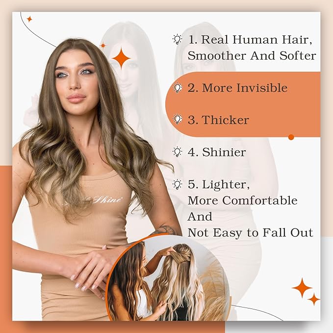 Full Shine Human Hair Extensions Color 4 Brown Highlight 27 Blonde Tape in Hair Extensions 18Inch Long Straight Skin Weft Seamless Invisible Extension for Bridal Hairstyles 100G 40Pcs