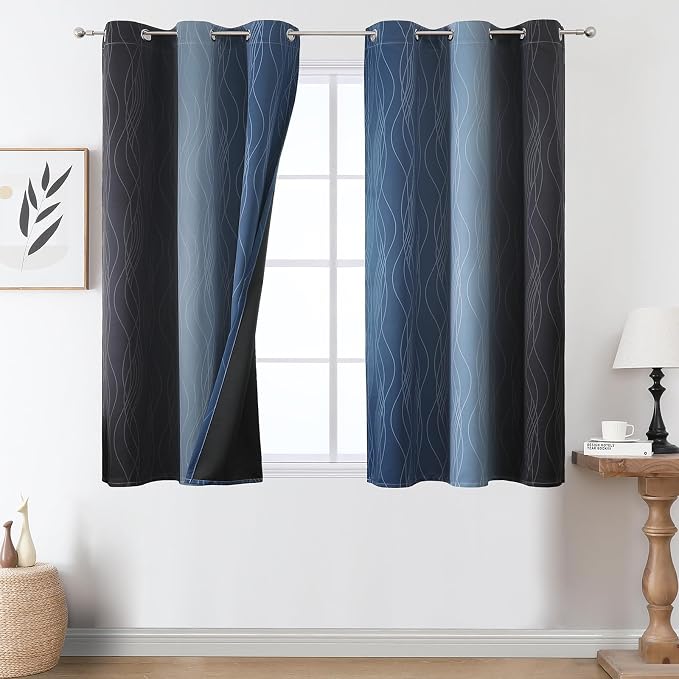 Navy Blue and Black Ombre Blackout Curtains 54 Inches Long, Full Light Blocking by ESTELARTEXTILER