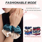 Scrunchies for Women & Girls, 12 Pcs Black Velvet Scrunchies - Soft Classic Elastic Hair Bands for a Secure Ponytail