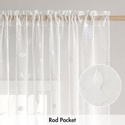MIULEE White Sheer Curtains 2 Panels Embroidered Leaf Patterned, W52 x L84 | - Image 6