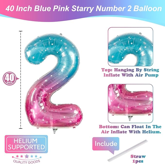 Mermaid 2 Balloons, 40 Inch Giant Rainbow Starry Helium Mylar Foil Number 0-9 - Image 2