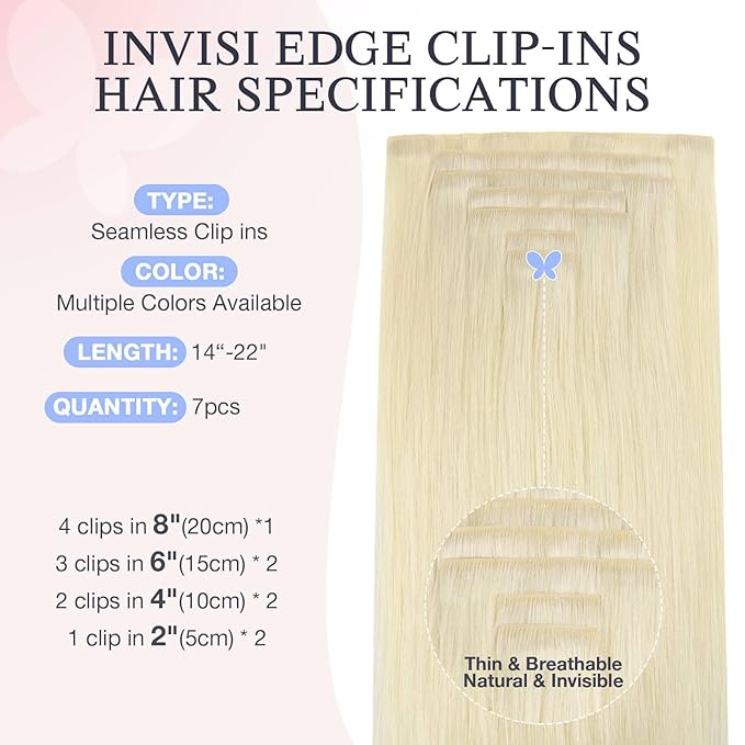 DOORES Invisi Edge Clip in Hair Extensions 14 inch 100g 7pcs, Virgin Real Human Hair PU Clip in Extension Invisible Seamless Natural Thickening Hairstyle, 60A Platinum Blonde