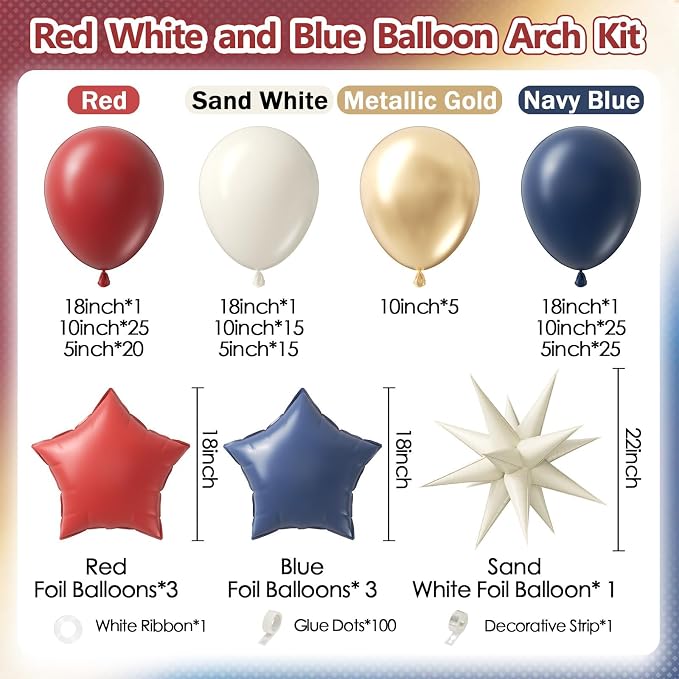 143pcs Red White and Blue Balloon Arch Kit White Navy Blue Red Balloons | 4th - Image 2